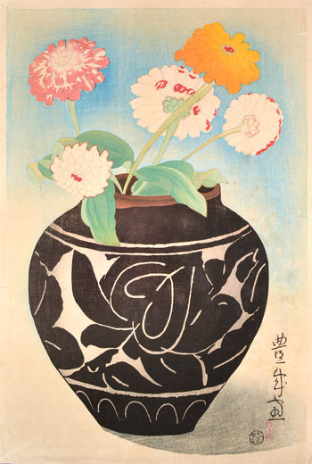 Dahlias by Toyonari, Woodblock Print
