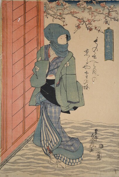 Beautiful Woman and Plum Blossoms in Snow by Teisai, Sencho, Woodblock Print