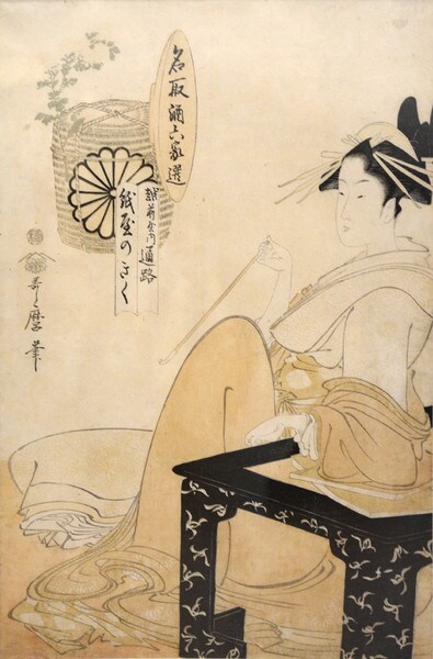 Courtesan Tsuji from Echizenya and Kamiya no Kiku by Utamaro, Woodblock Print
