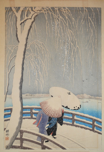 Snow on Willow Bridge by Shoson, Woodblock Print
