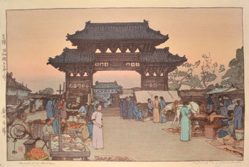 Market in Mukden by Yoshida, Hiroshi, Woodblock Print