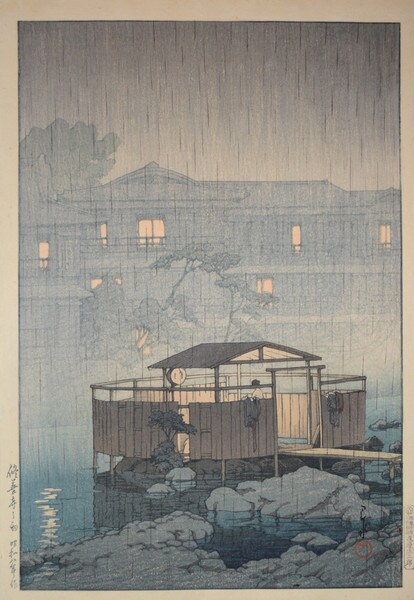 Shuzenji in Rain by Hasui, Woodblock Print
