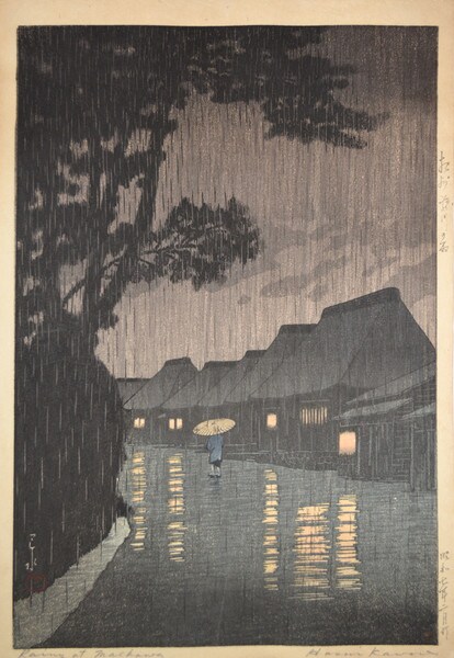 Rain at Maekawa by Hasui, Woodblock Print
