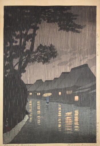 Rain at Maekawa by Hasui, Woodblock Print