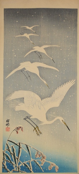 Egrets in Snow by Shoson, Woodblock Print