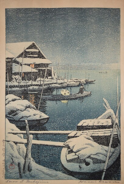 Snow at Mukojima by Hasui, Woodblock Print