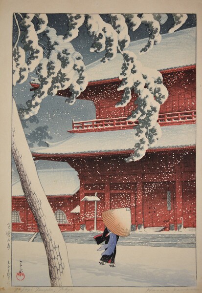 Shiba Zojo Temple in Snow by Hasui, Woodblock Print
