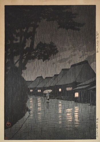 Rain at Maekawa in Soshu by Hasui, Woodblock Print