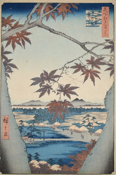 Maple at Mama and Tekona Shrine by Hiroshige, Woodblock Print