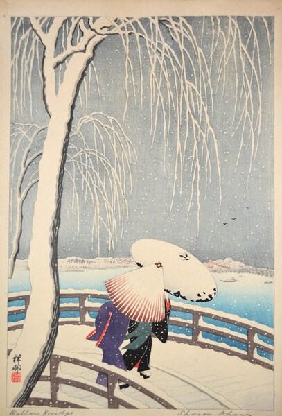 Snow on Willow Bridge by Shoson, Woodblock Print