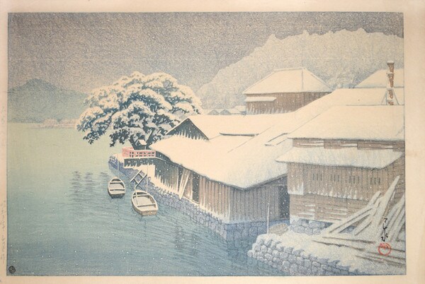 Evening Snow at Ishinomaki by Hasui, Woodblock Print