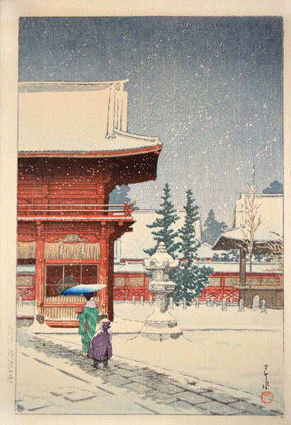 Snow at Nezu Gongen Shrine by Hasui, Woodblock Print