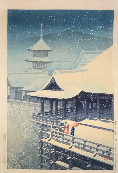 Spring Snow, Kiyomizu Temple by Hasui, Woodblock Print