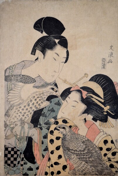 A Young Couple with Falcons by Bunro, Woodblock Print