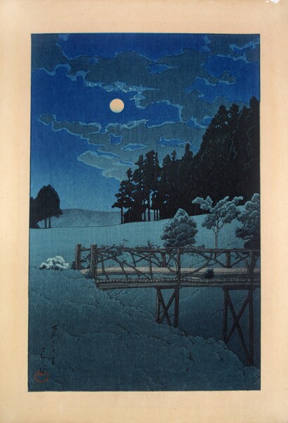 Moon over Akebi Bridge by Hasui, Woodblock Print
