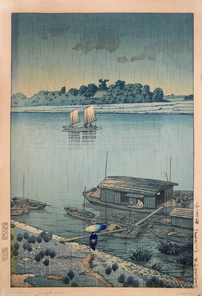 May Rain at Ara River by Hasui, Woodblock Print