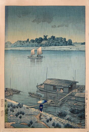 May Rain at Ara River by Hasui, Woodblock Print