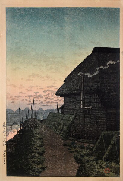 Sunset at Morigasaki by Hasui, Woodblock Print