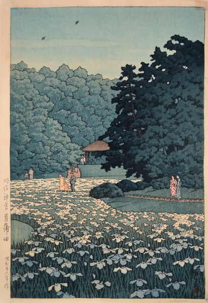 Iris Garden at Meijijingu Shrine by Hasui, Woodblock Print