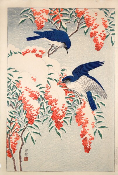 Flycatchers in Snow by Shoson, Woodblock Print