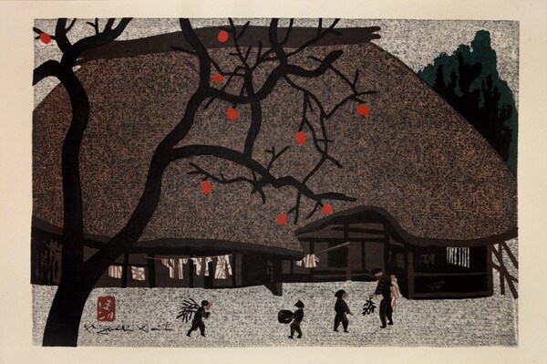 Farmhouse and Persimmon Tree by Saito, Kiyoshi, Woodblock Print
