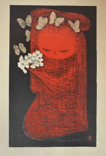 Girl with Butterflies and Flower by Kawano, Kaoru, Woodblock Print