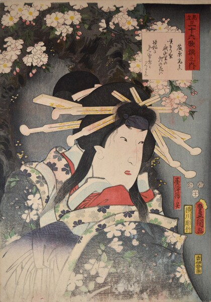 Kabuki Actor Segawa Kikunojo III as the Spirit of the Cherry Tree : Poem by Fujiwara no Motozane by Toyokuni III, Woodblock Print