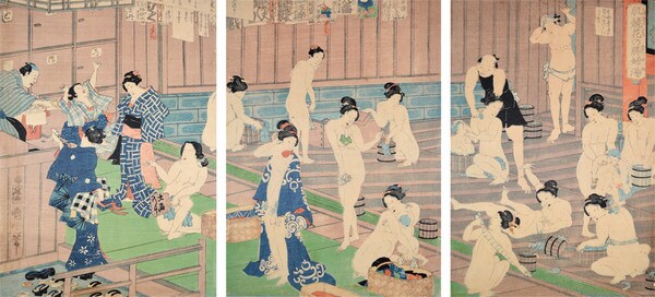 Comparison of Nudes to Irises at the Public Bath by Kunichika, Woodblock Print