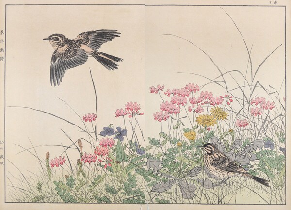 Chinese Milk Vetch, Violet, Dandelion, Field Horsetail and Skylark by Keinen, Woodblock Print