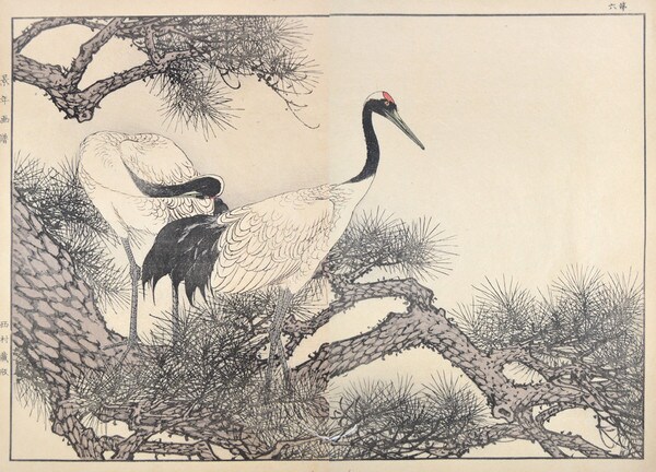 Old Pine Tree and Cranes by Keinen, Woodblock Print