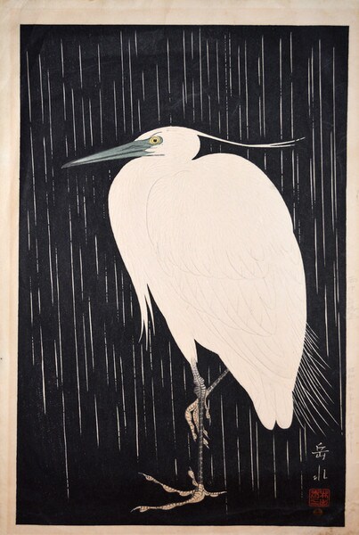 White Heron in Rain by Ide, Gakusui, Woodblock Print
