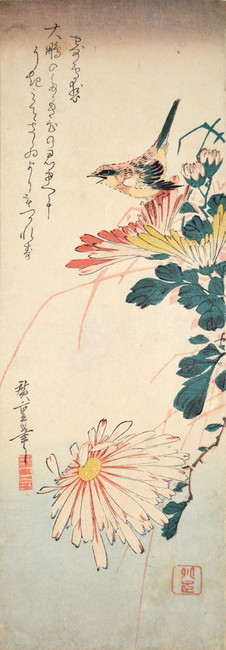 Shrike and Chrysanthemums by Hiroshige, Woodblock Print