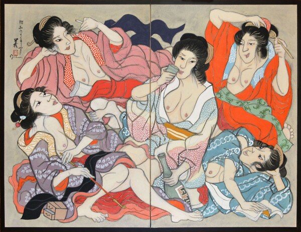 Five Women in the Yoshiwara by Mori, Yoshitoshi, Painting