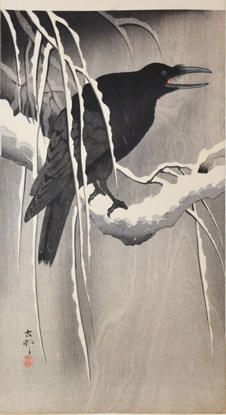 Crow on Snowy Branch by Koson, Woodblock Print