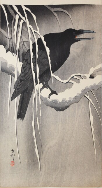 Crow on Snowy Branch by Koson, Woodblock Print