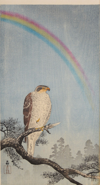 Hawk and Rainbow by Koson, Woodblock Print
