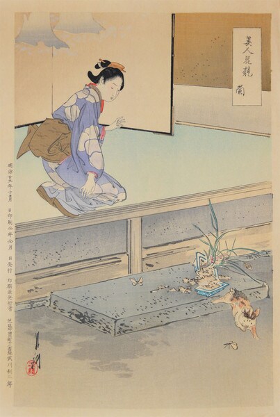 Orchid and Cat by Gekko, Woodblock Print
