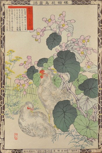 Begonia and Silkies by Bairei, Woodblock Print