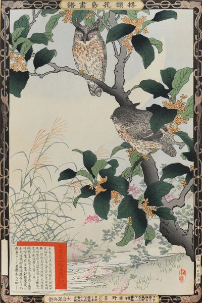 Osmanthus and Horned Owls by Bairei, Woodblock Print