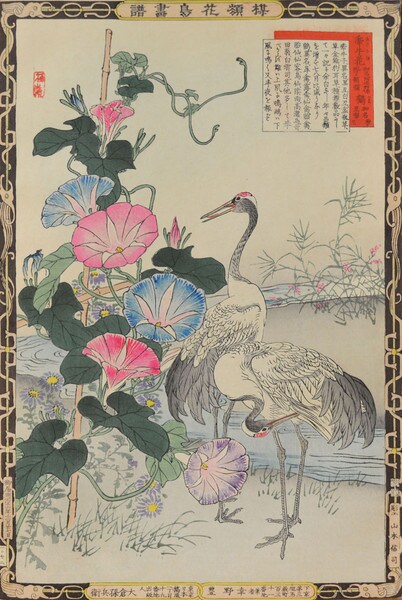 Morning Glory and Cranes by Bairei, Woodblock Print