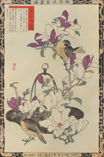 Magnolia and Skylark by Bairei, Woodblock Print