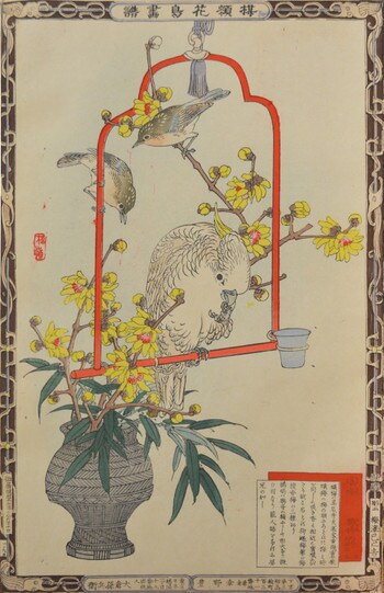 Wintersweet and Parrot by Bairei, Woodblock Print