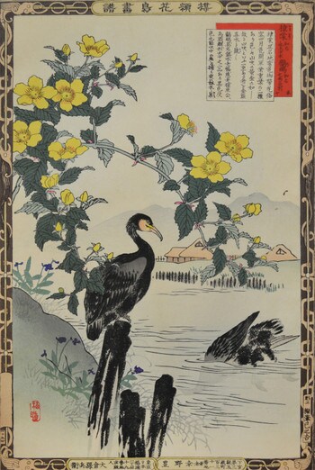 Japanese Rose and Cormorants by Bairei, Woodblock Print