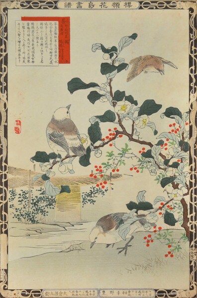 Tea Flower and Bulbuls by Bairei, Woodblock Print