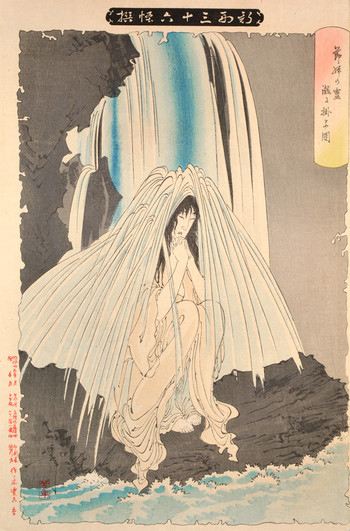 The Good Woman's Spirit Praying in the Waterfall by Yoshitoshi, Woodblock Print