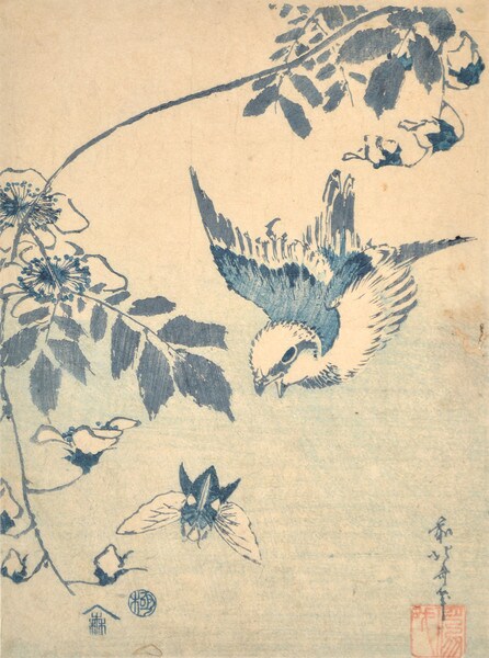 Sparrow Aiming for Moth Beneath Clematis by Hokusai, Woodblock Print