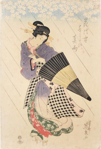 Falling Cherry Blossoms in Spring Rain by Eisen, Woodblock Print