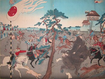 Shogun Hunting Boar by Chikanobu, Woodblock Print