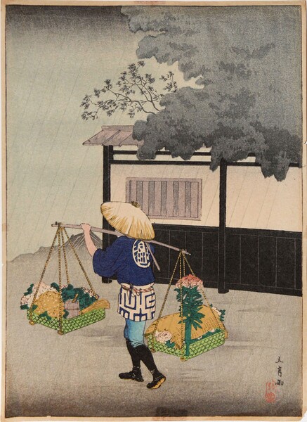 Flower Seller on a Rainy Day by Shotei (aka Hiroaki), Woodblock Print