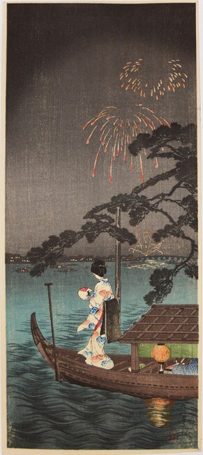 Fireworks at Shubinomatsu by Shotei (aka Hiroaki), Woodblock Print